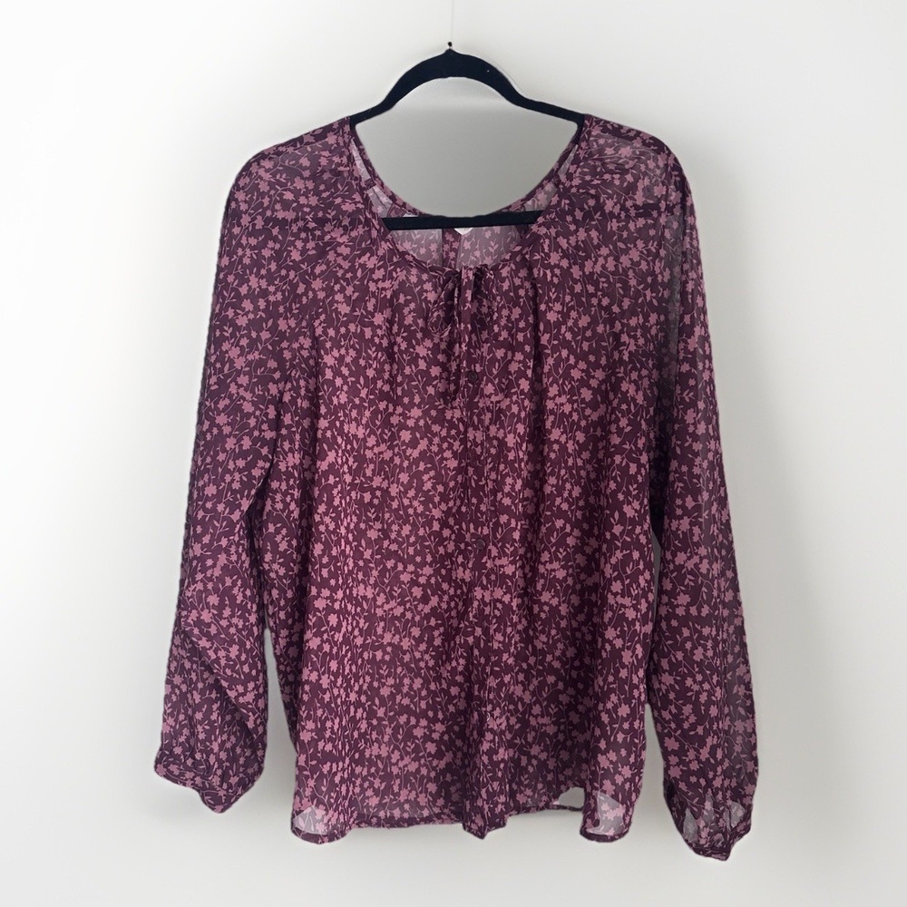 Semi Sheer Burgundy Floral Blouse Top Size XL Tie Neck Tunic Peasant Boho